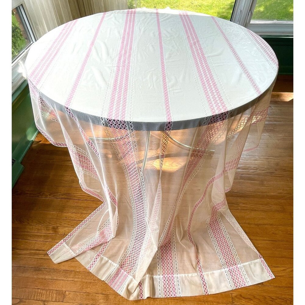 Vintage 80s curtain, mesh bubble gum pink, cream vertical stripes, single panel